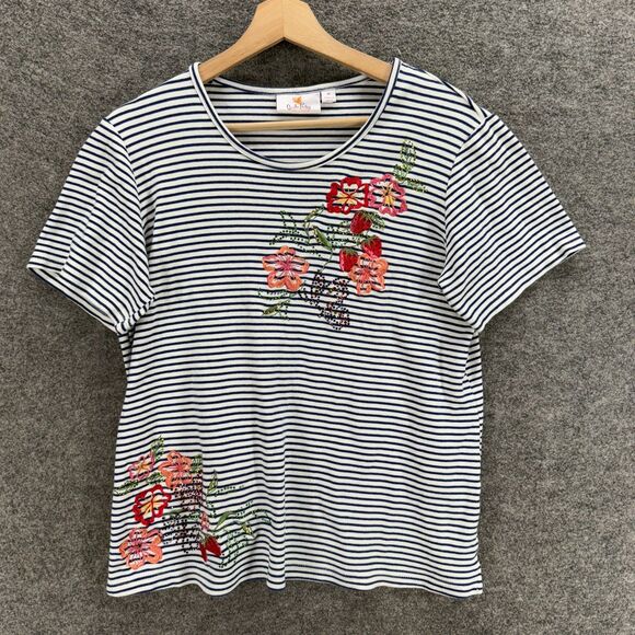 Quacker Factory T-Shirt Women M Medium White Striped Embroidered Short Sleeve - Picture 1 of 7